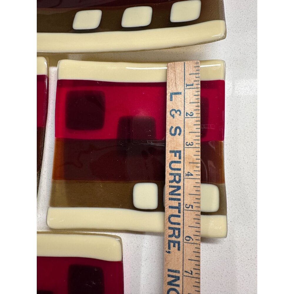 Fused Art Glass Set of 4 Dishes Sushi Style Retro Geometric Design Vtg - Picture 4 of 9
